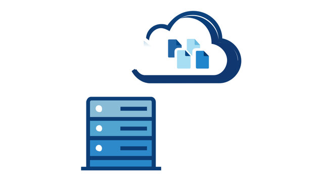 Cloud computing vector icon illustration featuring a server rack and a cloud with document files, representing data transfer, backup, and storage synchronization with blue gradient arrows.