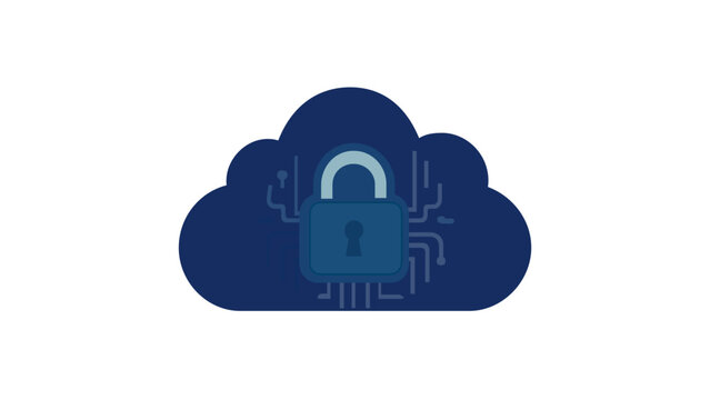 Cloud Computing Security and Data Protection Vector Icon Illustration, Featuring a Secure Padlock on a Blue Cloud with Circuit Board Patterns for Cyber Security and Network Safety Concepts.