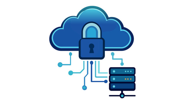 Secure cloud computing vector icon illustration featuring a blue cloud with a padlock and server rack connections, symbolizing data protection, network security, cyber safety, and digital storage.