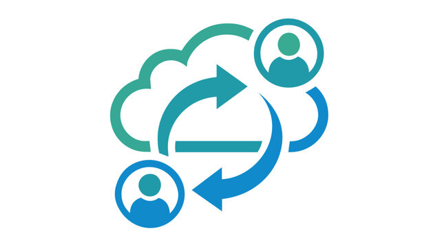 Cloud computing vector icon illustration featuring data sharing and synchronization between users. Minimalist flat design for network connectivity, cloud storage, and digital collaboration.