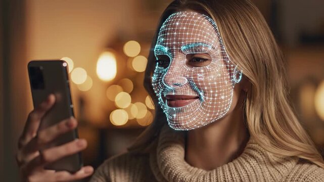 This captures a woman with a futuristic face recognition technology grid superimposed over her face, holding a smartphone with a glowing blue light scanning her face in a dimly lit room with blurred