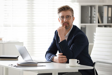 Naklejka premium Portrait of handsome businessman at white desk in office