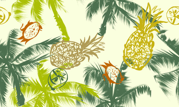 Seamless summer pattern with pineapple and palm trees for beach textiles and accessories. Freehand drybrush technique.