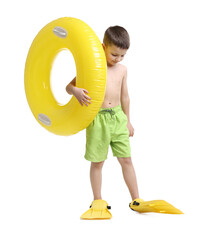Cute little boy in beachwear with inflatable ring and flippers on white background © New Africa