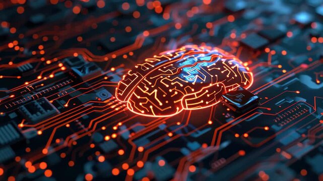 Science and technology concept on computer hardware with glowing red brain design