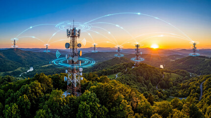 Obraz premium The scene shows cell towers in a rural setting at sunset. Signals from the towers connect various locations across the hills. The sky has warm colors and the landscape is green and lush