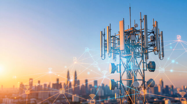 A telecommunication tower is visible in the foreground. The city skyline stretches behind as the sun sets. Signals and connections are shown in the air, symbolizing communication