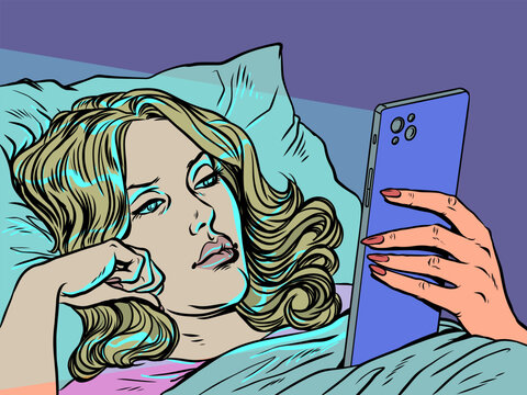 Pop Art Retro A woman in bed staring at her phone. Technology and internet addiction. Special offers and promotions for clients.