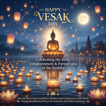 Celebrating vesak day with a glowing buddha statue in a cityscape