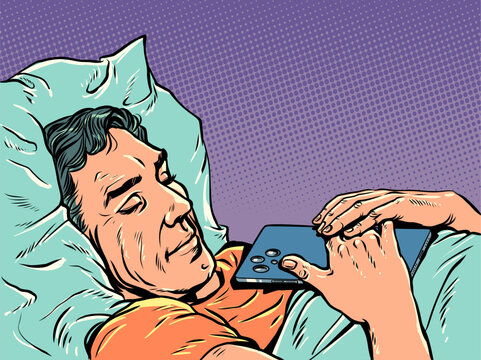 Pop Art Retro A man sleeps with a phone. Client anticipation and peace. Online data security on a mobile phone.