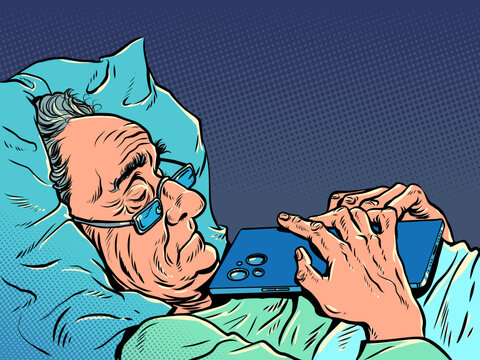 Pop Art Retro An elderly man sleeps with a phone. Communication and connection with adult relatives. Online data security on a mobile phone.
