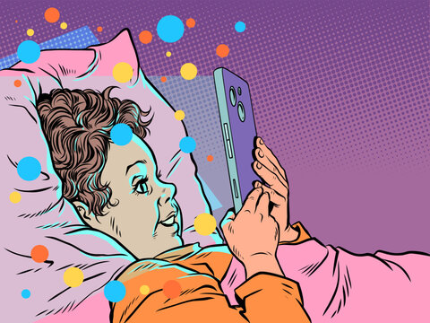Pop Art Retro A child staring at a phone in bed. Parenting and the dangers of technology. Children's emotions about mobile phones at night.