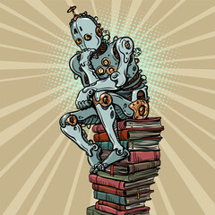 Pop Art Retro Artificial intelligence repeats the thinker. Training ai literature of humanity. Replacement of artificial labor and creativity of people. © studiostoks
