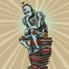 Pop Art Retro Artificial intelligence repeats the thinker. Training ai literature of humanity. Replacement of artificial labor and creativity of people. © studiostoks