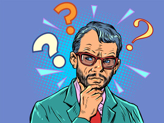Pop Art Retro Thinking and solving business and scientific problems. Question marks next to a thinking man. Thinking about a future strategy. © studiostoks