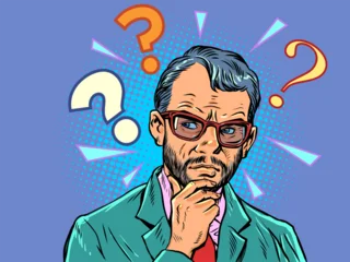 Pop Art Retro Thinking and solving business and scientific problems. Question marks next to a thinking man. Thinking about a future strategy. © studiostoks