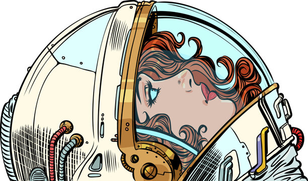 Pop Art Retro Woman astronaut looking up. Study of the universe and space. Cosmonautics Day.