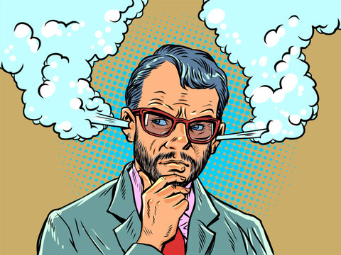 Pop Art Retro Thinking and solving business problems. The man has steam coming out of his ears. Help from a specialist in solving complex problems.