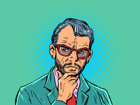 Pop Art Retro Thinking and solving business problems. Businessman thinking with hand on chin. Help from a specialist in solving complex problems.
