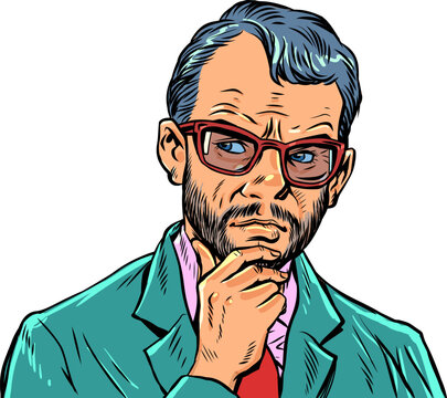 Pop Art Retro Thinking and solving business problems. Businessman thinking with hand on chin. Help from a specialist in solving complex problems.