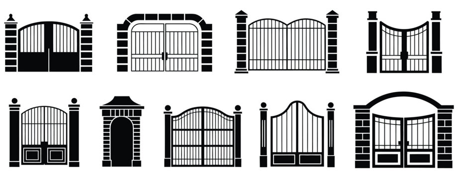 Open, gate vector icon collection with open entrance and doorway symbols, representing access, entry, and passage, clean modern flat design