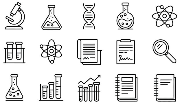 Research, science outline icon set featuring editable stroke style symbols, laboratory, experiment, microscope, test tube, and analysis concept, modern vector