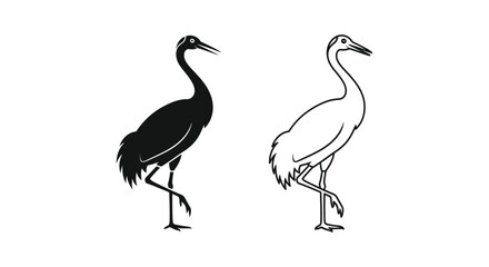 Fototapeta premium Crane, bird silhouettes, black and white vector icons, animal illustrations, wildlife graphics