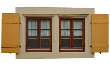 Obraz premium Traditional double window with wooden frame and shutters isolated on transparent background