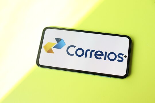 S&atilde;o Paulo, Brazil - April 8, 2026: Logo of Correios (Empresa Brasileira de Correios e Tel&eacute;grafos) displayed on a smartphone screen, representing Brazil's national postal service.