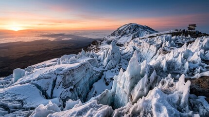 Aerial view of Mount Kilimanjaro, showcasing snow-capped peaks, rugged terrain, and panoramic landscapes.