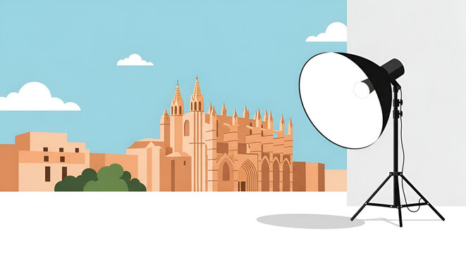 Pixel art illustration of a large cathedral building with a softbox studio light in the foreground, cityscape scene