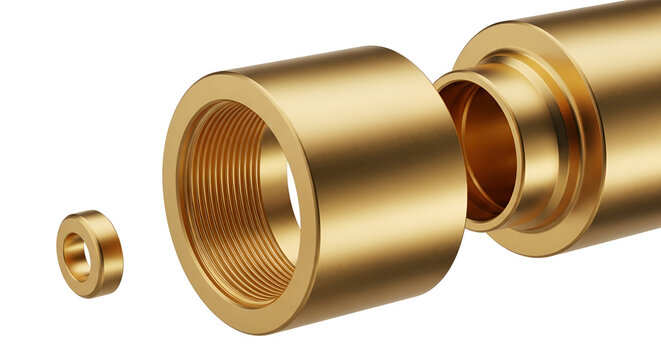 Brass threaded couplings and adapter pieces disassembled on a white background, precision engineering, mechanical assembly, industrial components