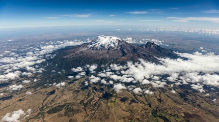 Aerial view of Mount Kilimanjaro, showcasing snow-capped peaks, rugged terrain, and panoramic landscapes.