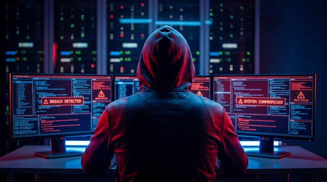 Hooded hacker facing breach detected alerts on multiple monitors in dark server room.