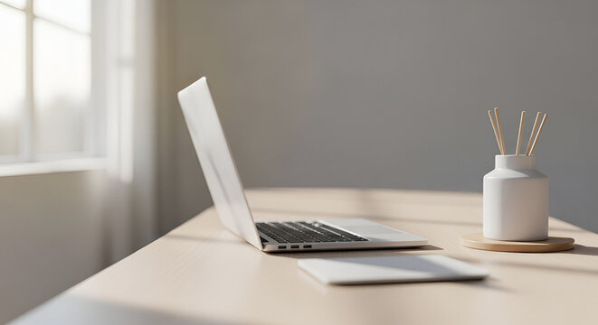 Modern minimalist desk setup with open laptop and diffuser sticks, bathed in soft window light