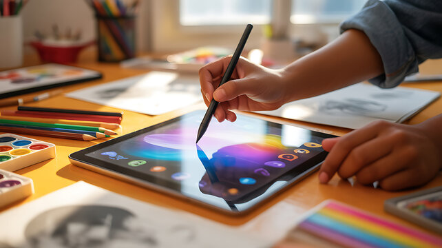Digital artist drawing on tablet with stylus, creative illustrator working in bright studio, graphic designer using touch screen device for colorful artwork