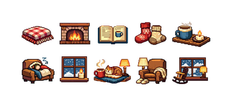 Cozy pixel art icons depicting winter hygge and relaxation at home