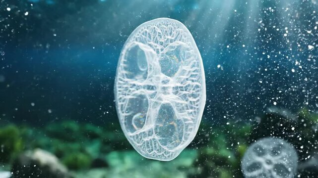 Close-up of a transparent jellyfish pulsing in the ocean depths.