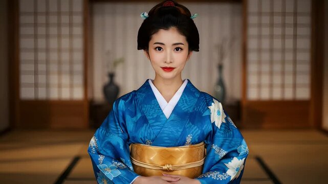 和室で美しい着物を着てほほえむ日本人女性のカメラ目線の映像