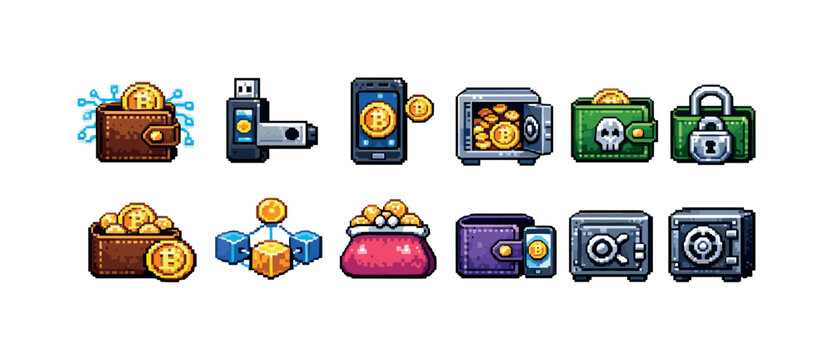Pixel art icons representing cryptocurrency wallets, safes, and digital assets