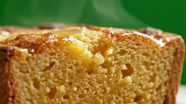 Close Up Of Warm Steaming Golden Cornbread Loaf With Caramel Glaze Baked To Perfection On A White Surface Against A Soft Green Studio Background