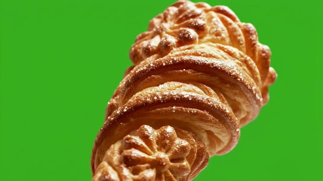 Detailed Cinematic Food Commercial of Golden Brown Norwegian Krumkake Pastry on Vibrant Green Screen Background with Sugar Dusting