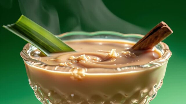 Hot Sweet Indonesian Bajigur Drink in a Glass Bowl with Cinnamon Stick and Pandan Leaf Steam Rising Against a Vibrant Green Background Cinematic Food Commercial