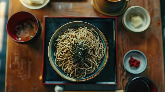 Close-up of a bowl of Japanese soba noodles, served in a traditional wooden tray on a bento box, ready for a meal.
