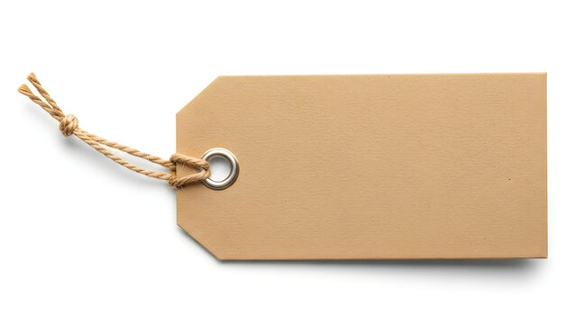 Blank kraft paper tag attached with a hemp string and metal ring isolated on white background