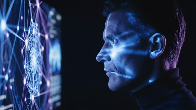 This shows a man in a dark room looking at a futuristic projection with a blue and purple glow on his face and a network of lines and nodes in front of him, creating a cyberpunk ambiance.