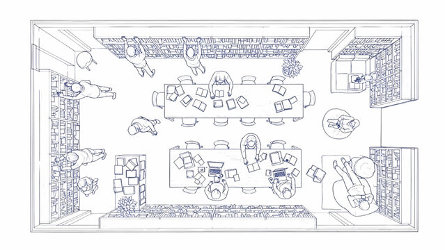 Top-Down Blue Monochrome Bookstore and Modern Coworking Library Interior, Architectural Sketch, Visitors, White Background, Vector CAD Illustration