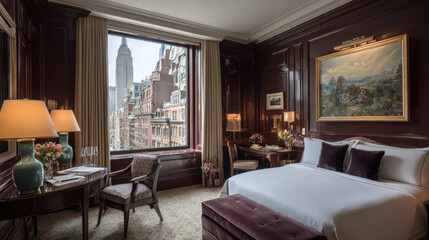 Fototapeta premium Luxury Hotel Room with City View and Elegant Decor.