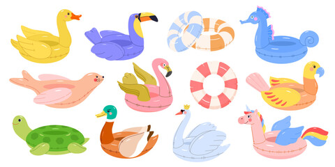 Set of inflatable animal pool floats and swimming rings for summer vacation: flamingo, swan, bird, toucan, turtle, unicorn, duck, seal, seahorse. Cute vector illustration on isolated background. © Natalia