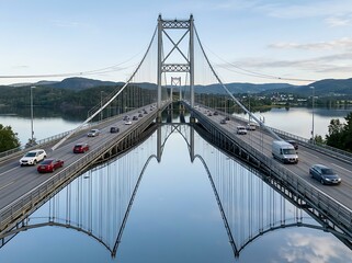 Fototapeta premium Reflected highway bridge over calm water with cars and trucks, surrounded by rolling hills and trees under a clear sky